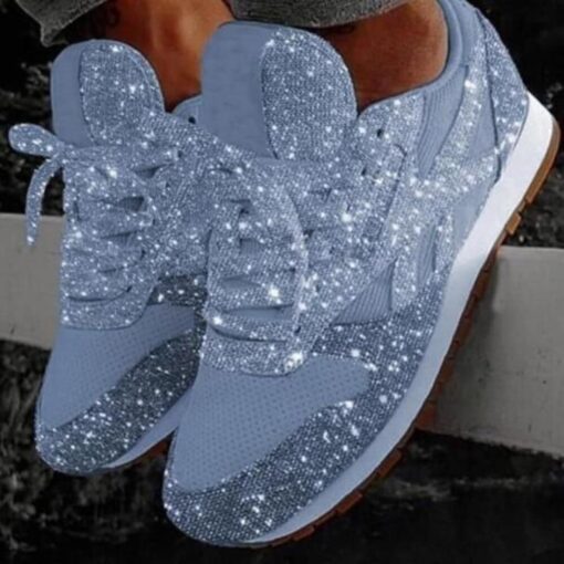 Women Breathable Sequins Lace Up Sneakers - Image 7