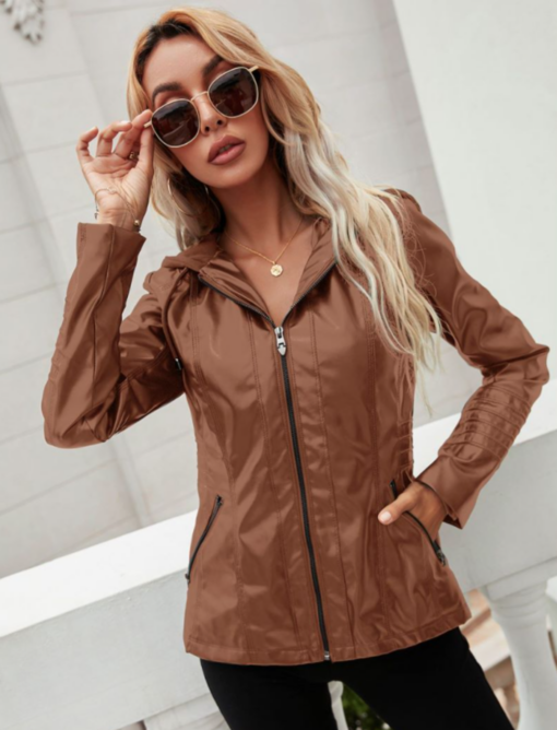 Women Hood Zipper PU Leather Jacket - Image 19