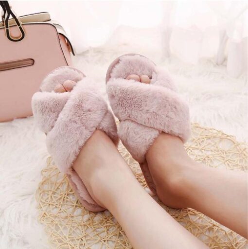 Cross Band Soft Plush Furry Slippers