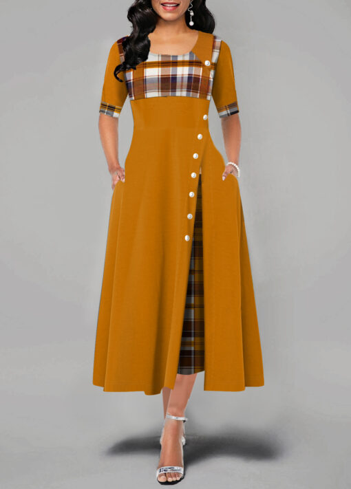 Women's Fashion Half Sleeve Plaid Print Button Detail Maxi Dres - Image 5