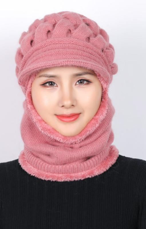 Women's Windproof Knitted Fleece Lined Hat with 2 in 1 Neck Warmer and Mask -