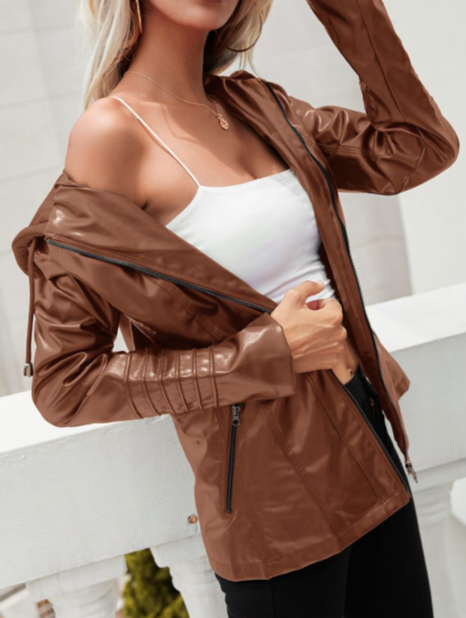 Women Hood Zipper PU Leather Jacket - Image 14