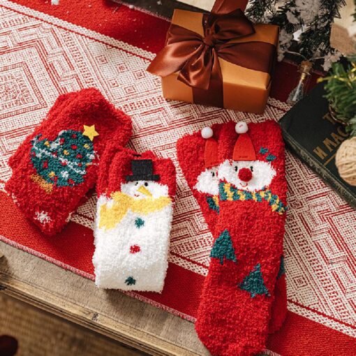 Winter Christmas Coral Velvet 3 Pairs Socks Set - Image 10