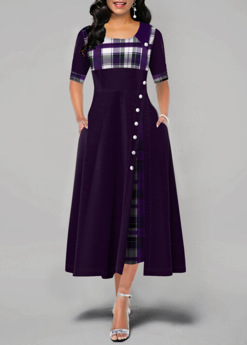 Women's Fashion Half Sleeve Plaid Print Button Detail Maxi Dres - Image 6