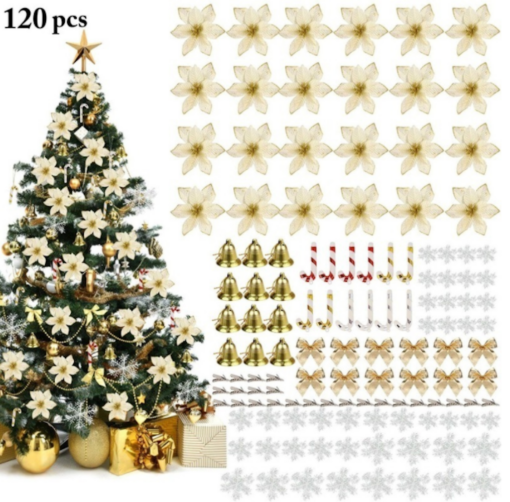 120 pcs Christmas Glitter Poinsettia Flowers Decorative Set - Image 7