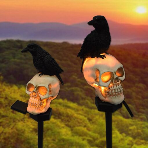 One, Two or Three Solar Skull and Crow Garden Landscape Lights - Image 4