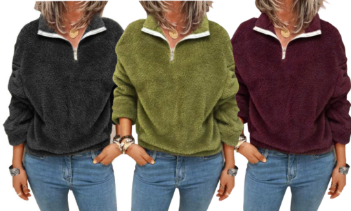 Zipper Pullover Soft Baggy Plush Jumper - Image 3