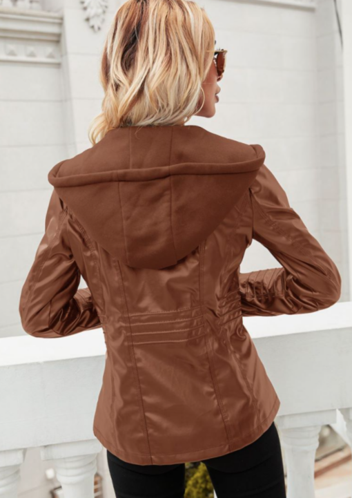 Women Hood Zipper PU Leather Jacket - Image 12