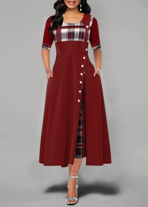 Women's Fashion Half Sleeve Plaid Print Button Detail Maxi Dres - Image 2