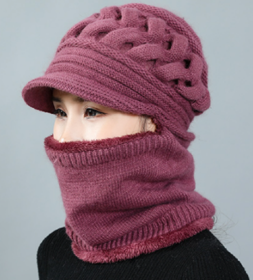 Women's Windproof Knitted Fleece Lined Hat with 2 in 1 Neck Warmer and Mask - - Image 4