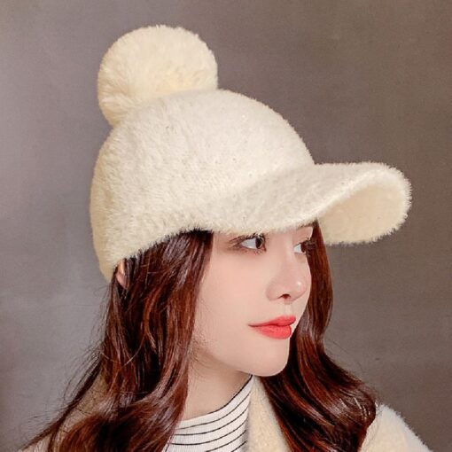 Winter Hat Women Baseball Cap With Pompon Faux Fur - Image 9