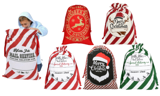 One or Two Large Canvas Christmas Drawstring Bags