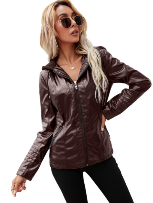 Women Hood Zipper PU Leather Jacket - Image 18