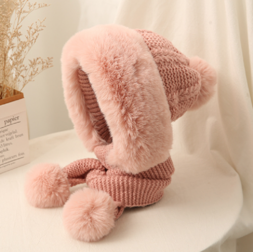 Women Winter Warm Plush Cap with Pom Pom Scarf - Image 2