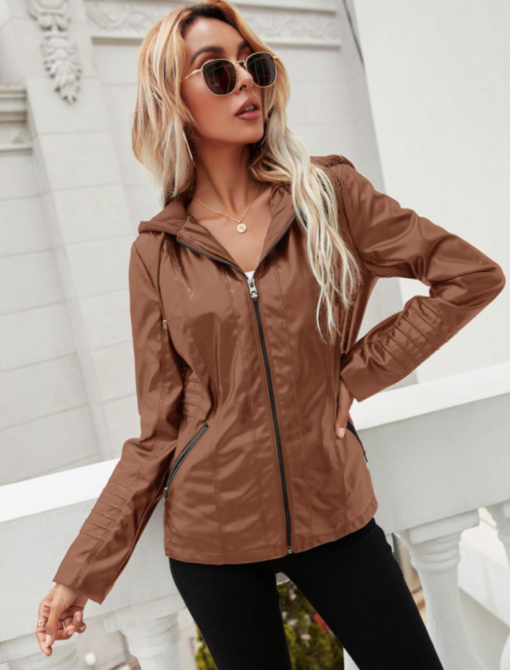 Women Hood Zipper PU Leather Jacket