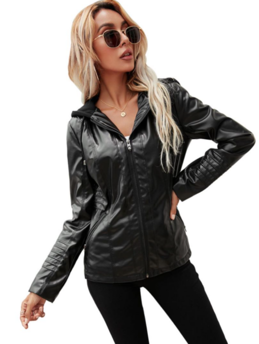 Women Hood Zipper PU Leather Jacket - Image 4