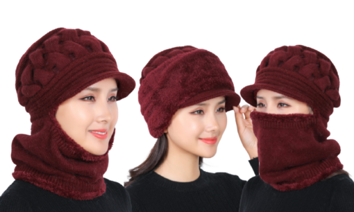 Women's Windproof Knitted Fleece Lined Hat with 2 in 1 Neck Warmer and Mask - - Image 15