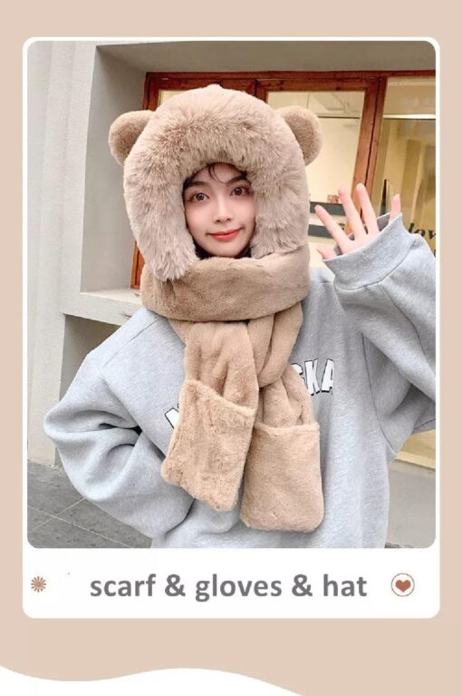 3 in 1 Warm Plush Hat Women Winter Scarf with Gloves - Image 4