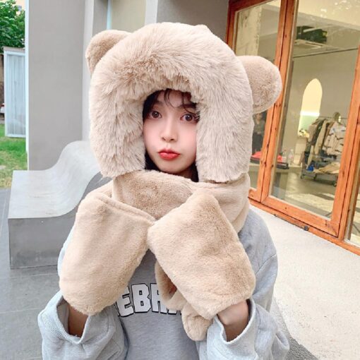 3 in 1 Warm Plush Hat Women Winter Scarf with Gloves - Image 9