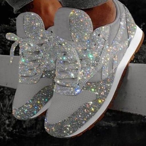 Women Breathable Sequins Lace Up Sneakers