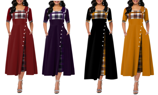 Women's Fashion Half Sleeve Plaid Print Button Detail Maxi Dres - Image 4