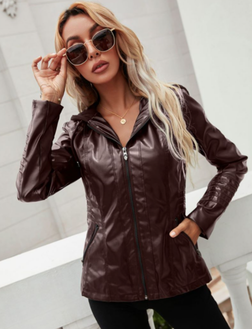 Women Hood Zipper PU Leather Jacket - Image 9