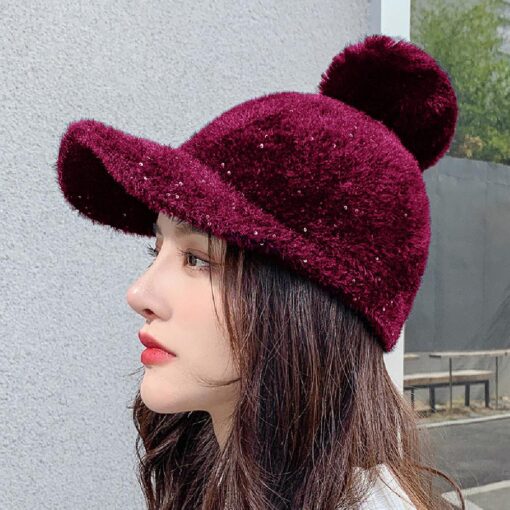 Winter Hat Women Baseball Cap With Pompon Faux Fur - Image 6