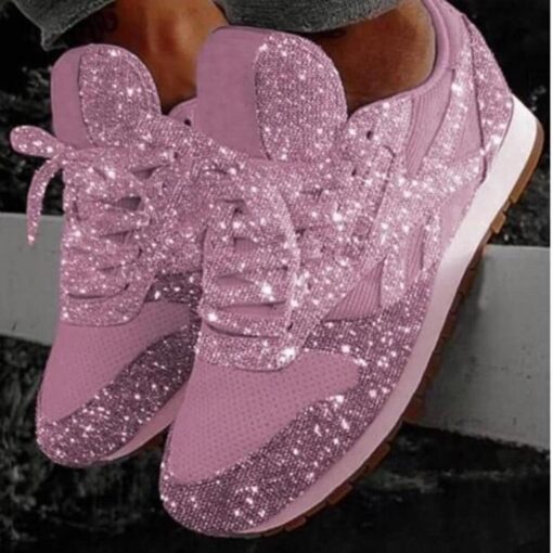 Women Breathable Sequins Lace Up Sneakers - Image 6