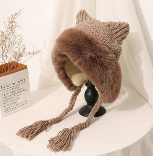 Knitted Women's Oversized Cat Ears Plush Hood - Image 4