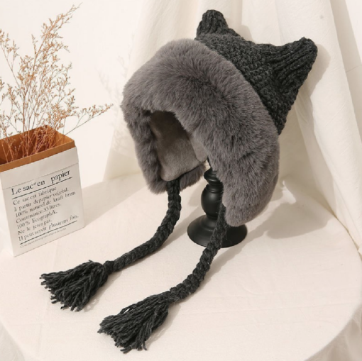 Knitted Women's Oversized Cat Ears Plush Hood - Image 2