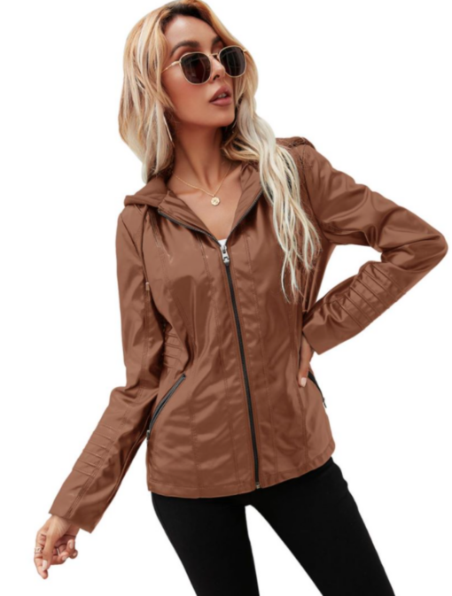 Women Hood Zipper PU Leather Jacket - Image 13