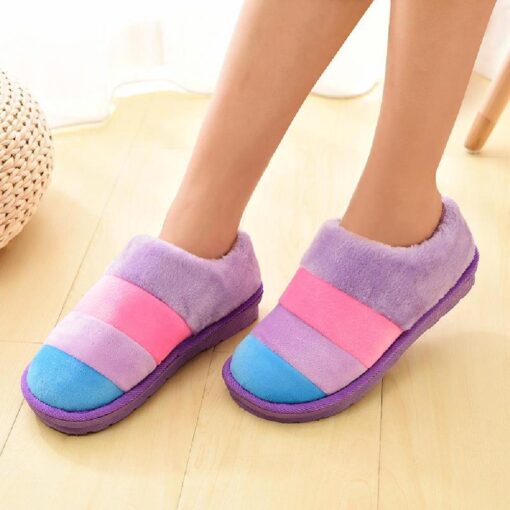 Warm Winter Colourful Stripe Plush Slippers - Image 34