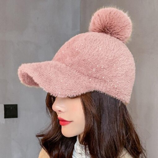 Winter Hat Women Baseball Cap With Pompon Faux Fur - Image 5