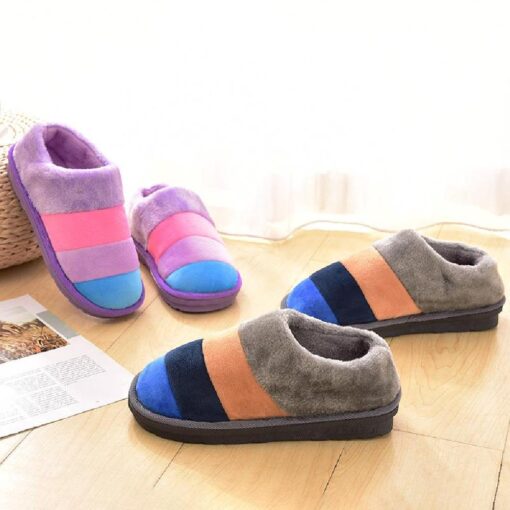 Warm Winter Colourful Stripe Plush Slippers - Image 4