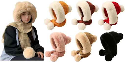 Women Winter Warm Plush Cap with Pom Pom Scarf