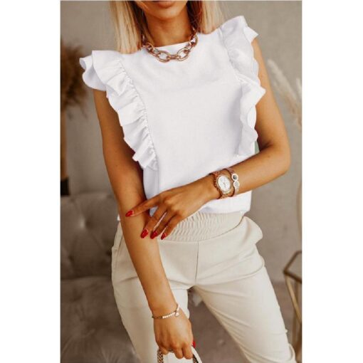 Women Round Neck Solid Color Ruffle Short Sleeve Shirt