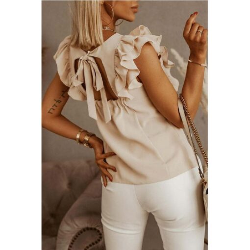 Women Round Neck Solid Color Ruffle Short Sleeve Shirt - Image 6