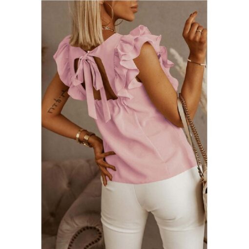 Women Round Neck Solid Color Ruffle Short Sleeve Shirt - Image 2