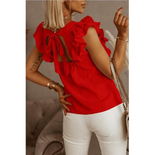 Women Round Neck Solid Color Ruffle Short Sleeve Shirt - Image 5