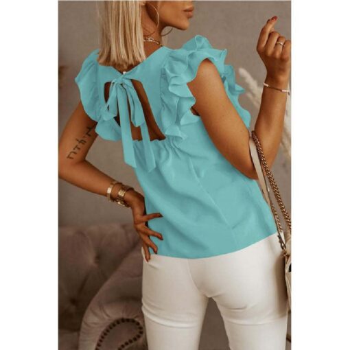 Women Round Neck Solid Color Ruffle Short Sleeve Shirt - Image 3