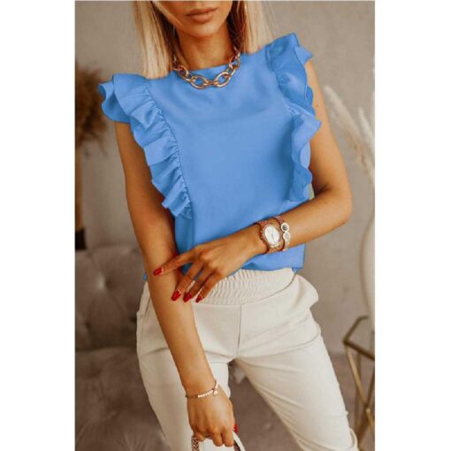 Women Round Neck Solid Color Ruffle Short Sleeve Shirt - Image 4