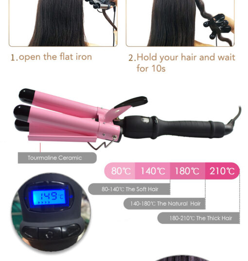 3 Barrel Hair Curling Iron Wand with LCD Temperature Display - Image 5