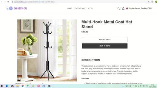 Multi-Hook Metal Coat Hat Stand - Image 9