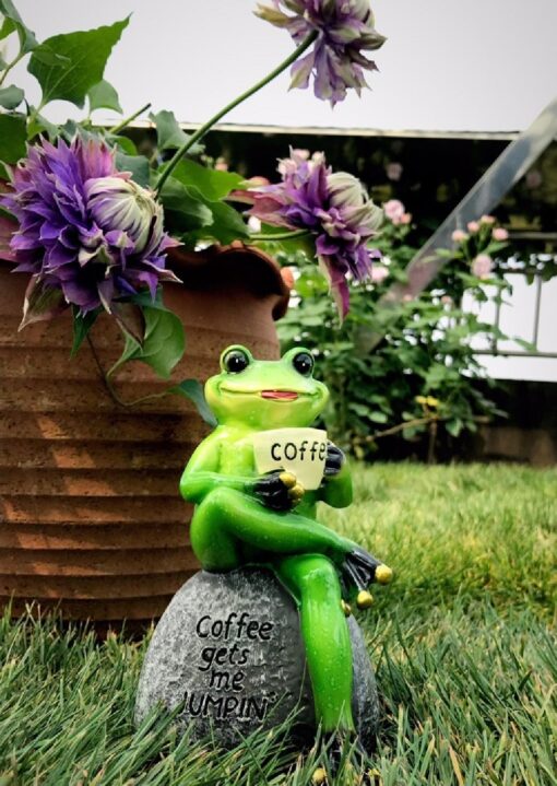 Creative Green Frog Sitting on Stone Statue Drinking Coffee Indoor Outdoor Garden Statue - Image 7