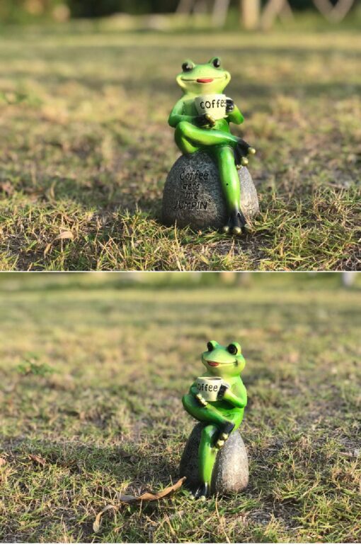 Creative Green Frog Sitting on Stone Statue Drinking Coffee Indoor Outdoor Garden Statue - Image 6