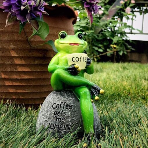 Creative Green Frog Sitting on Stone Statue Drinking Coffee Indoor Outdoor Garden Statue - Image 2