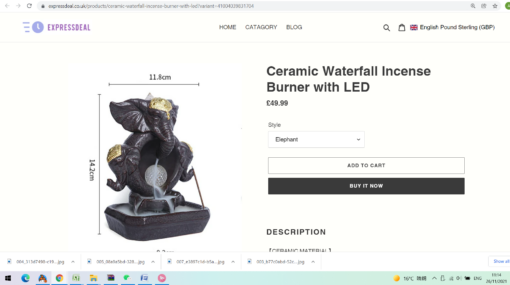 Elephant Ceramic Waterfall Incense Burner with Free incense cones - Image 6