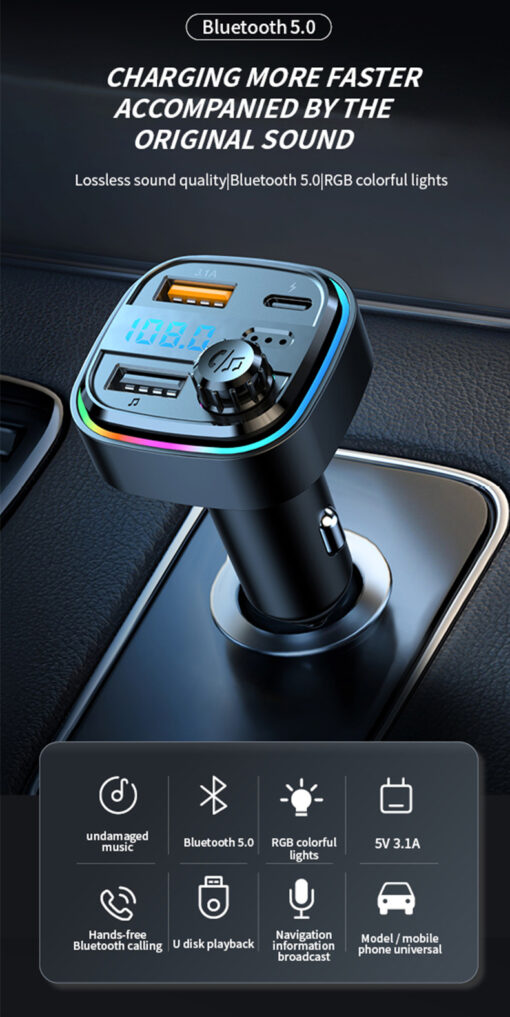 Bluetooth Hands-free Call Car MP3 Music Player Type-C + Dual USB Phone Fast Charging Car Charger FM Transmitter - Image 2