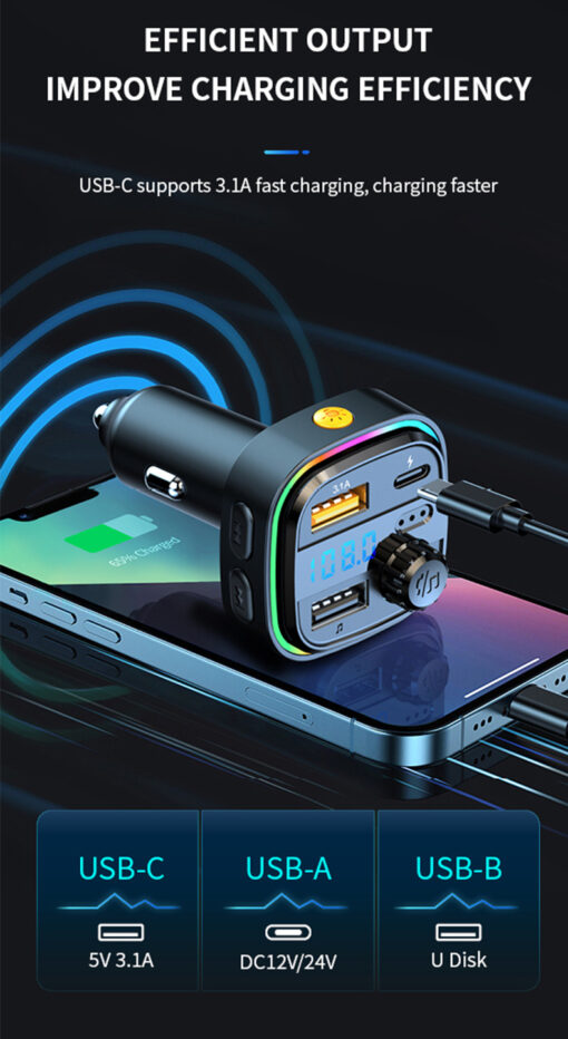 Bluetooth Hands-free Call Car MP3 Music Player Type-C + Dual USB Phone Fast Charging Car Charger FM Transmitter - Image 3