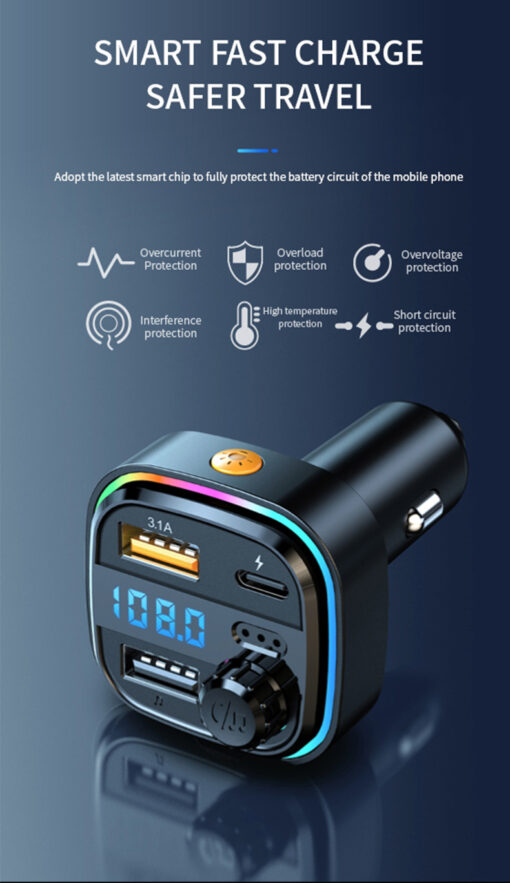 Bluetooth Hands-free Call Car MP3 Music Player Type-C + Dual USB Phone Fast Charging Car Charger FM Transmitter - Image 6